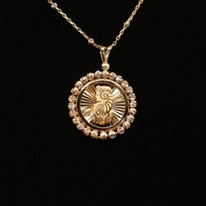 18 karats tri color gold necklace with round pendant embellished with gold beads