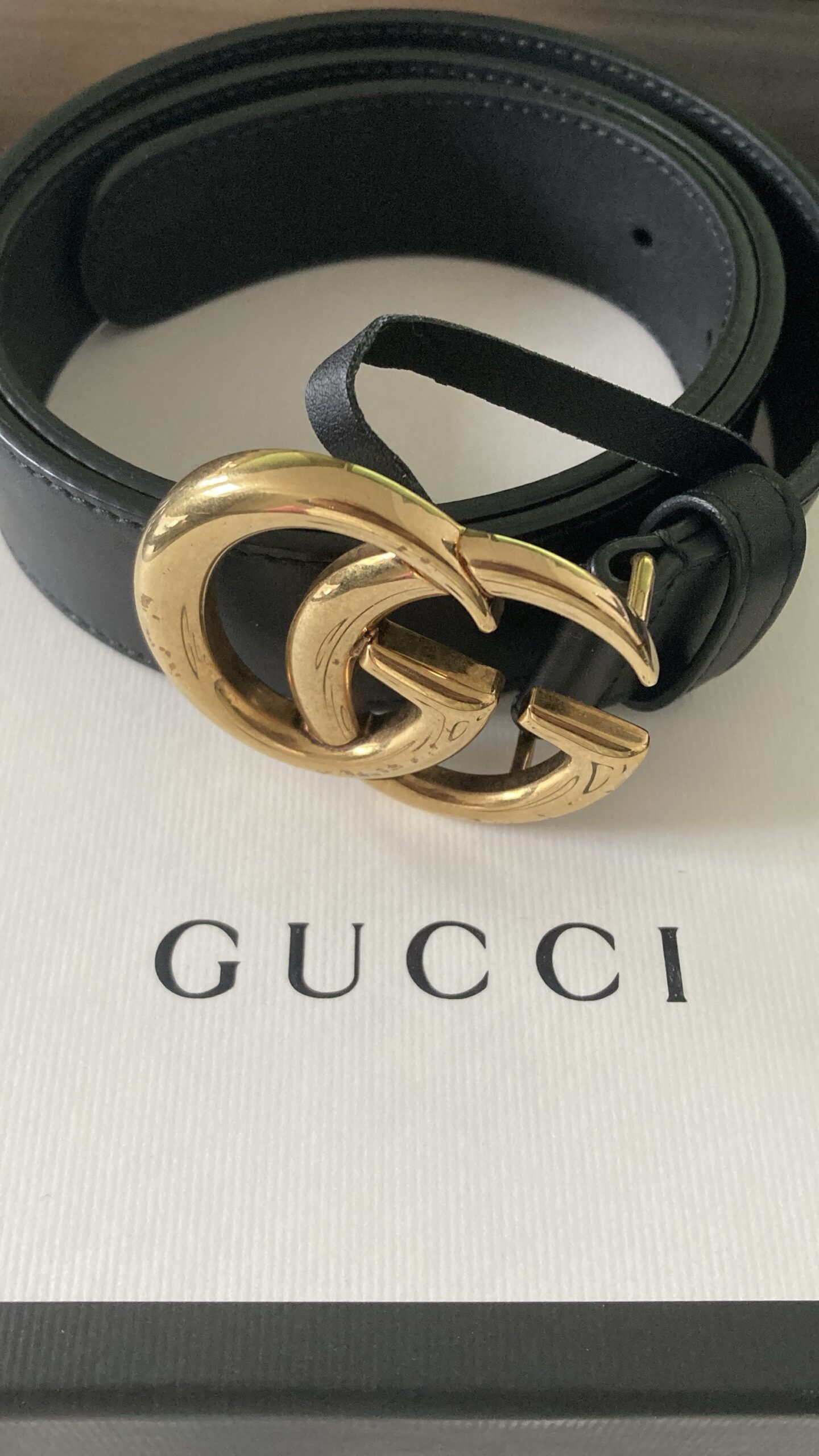 Gucci GG Marmont Black Leather Belt – Antique Gold Double G 